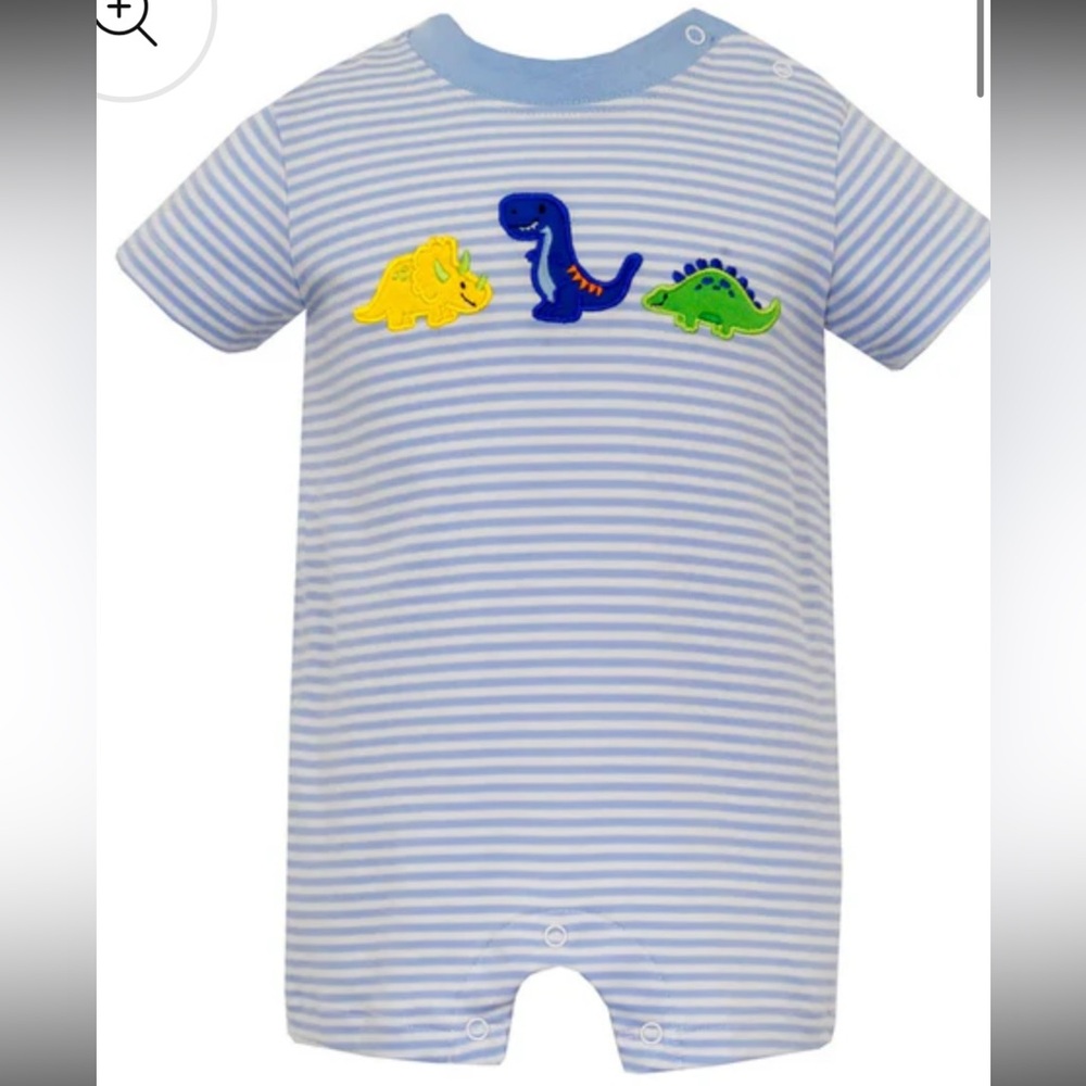 Claire & Charlie Baby Boys Knit Romper - Light Blue Stripes - Dinosaurs